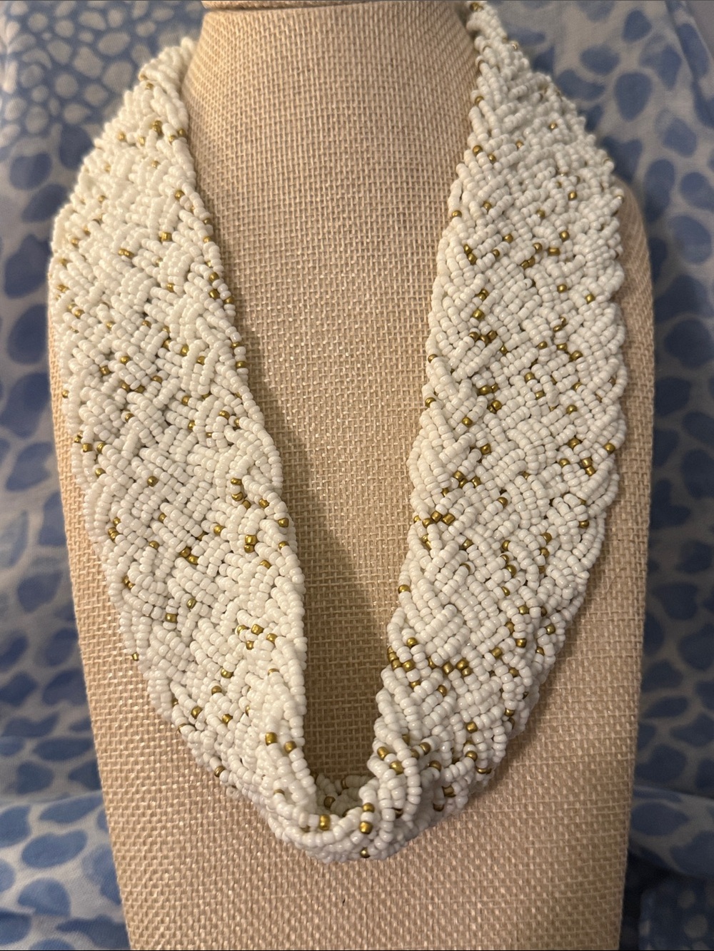 Chico's Braided Cream and Gold Seed Bead Collar Necklace